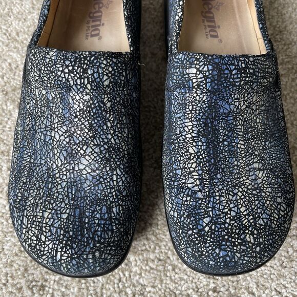 Allegria Keli Pro Crackle Pop Leather Mule Clogs 39/ 9 Blue Silver Comfort Shoes - Picture 3 of 11